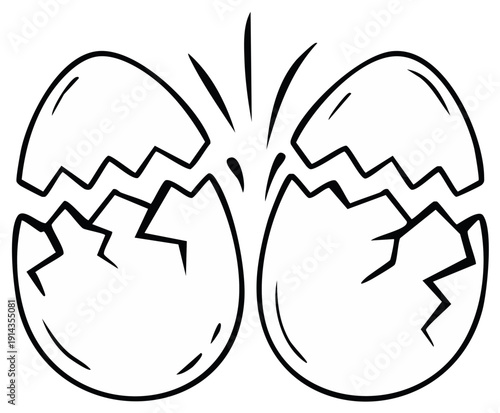 Cartoon cracked eggshells breaking open hatching new beginnings line art illustration