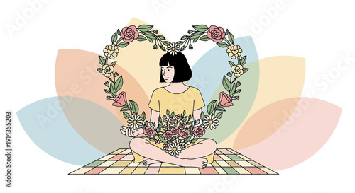 Woman Meditating with Heart Flower Wreath and Pastel Lotus Background