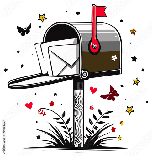 Illustration of an open mailbox, with letters, butterflies, hearts, stars.