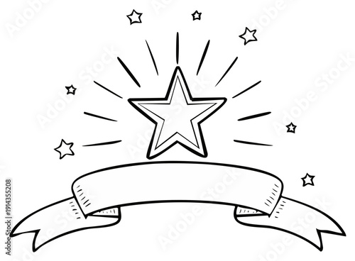 Shining Star with Ribbon Banner Graphic Element Hand Drawn