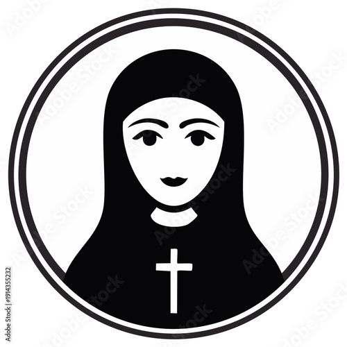 Nun Portrait in Circle Frame Simple Icon Catholic Religious Symbol Black and White Illustration