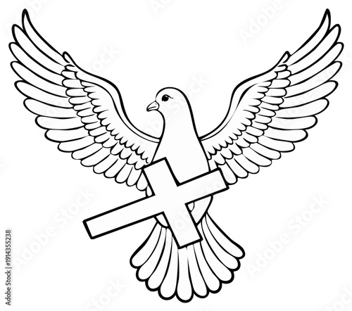 Outline illustration of a dove with outstretched wings holding a Christian cross in its beak
