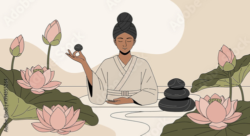 Woman Meditating with Lotus Flowers and Zen Stones