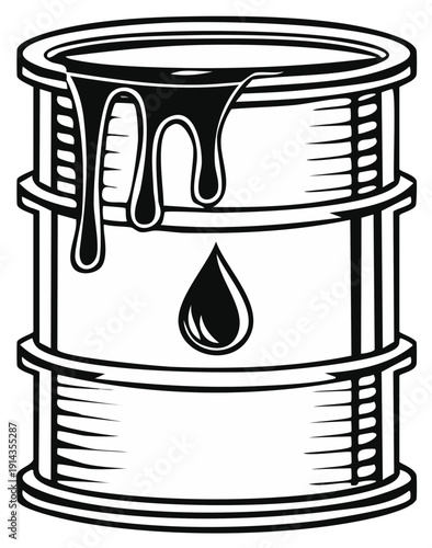 Black and white illustration of a dripping oil barrel with a single drop falling