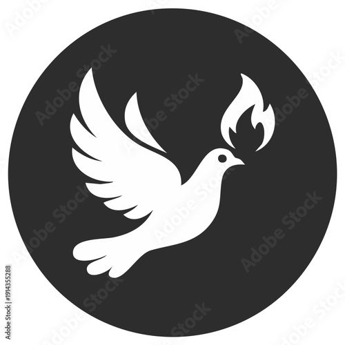 Stylized white dove with a bright flame above its head symbolizing peace and the Holy Spirit within a deep circular background