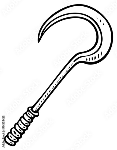 Antique Curved Blade Tool with Textured Handle in Black and White Line Art