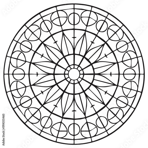 Elegant monochrome outline of a circular stained glass window or spiritual geometric mandala pattern.