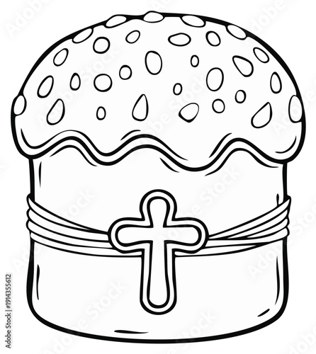 Black and White Illustration of a Decorated Easter Cake with a Cross Ornament