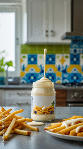 Mayonnaise jar with a dynamic swirl and french fries on a kitchen counter