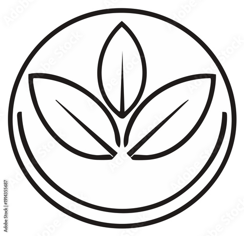Minimalist botanical emblem with three leaves enclosed in a circle for natural themed graphic design, logo creation and decoration projects