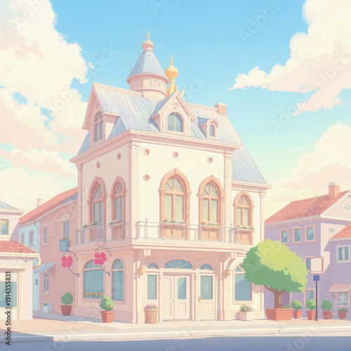 Idyllic town street with pastel architecture in an anime art style