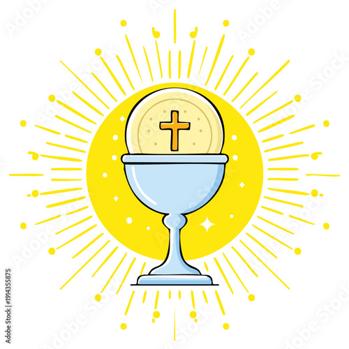 Holy Communion chalice with host wafer and a shining sunburst a Christian Eucharist symbol