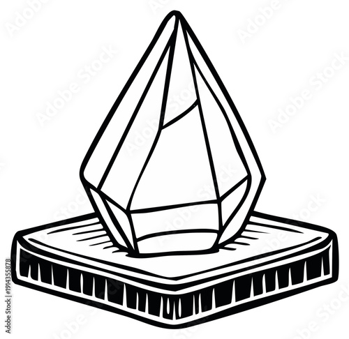 Illustration of a faceted crystal placed on a decorative base rendered in a black and white line drawing
