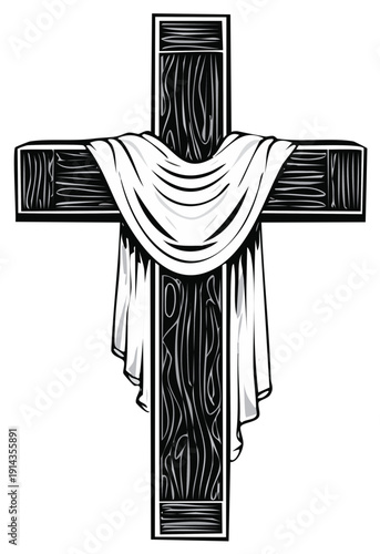 Wood Cross with Draped White Cloth Symbolizing Resurrection and Religious Belief
