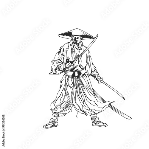 Illustration of a samurai warrior standing ready with crossed swords wearing traditional robes and a hat