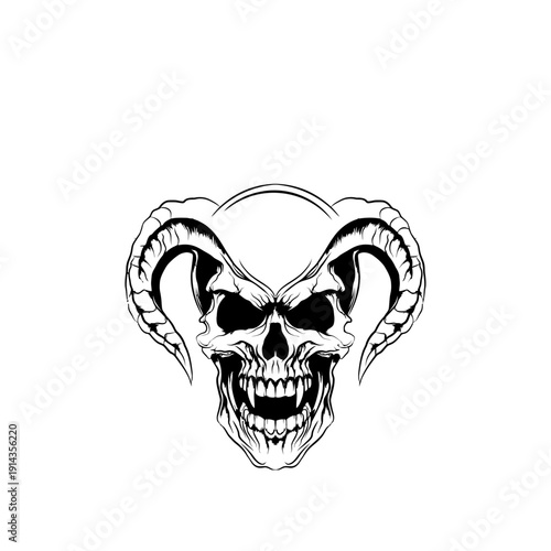 Illustration of a detailed ram skull with horns and teeth, symbolizing strength and aggression in a close-up, monochrome artwork
