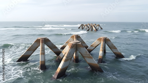 Concrete breakwaters in a seascape featuring tetrapods designed to safeguard coastal structures from the destructive force of storm waves