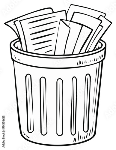 Trash can full of paper documents illustration