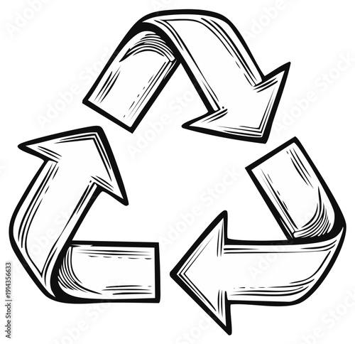 Sketch style recycling symbol with three chasing arrows indicating sustainability and reuse