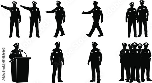 Black police officer silhouette set featuring law enforcement personnel standing pointing walking and speaking at a podium on white background.