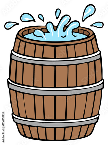 Cartoon wooden barrel overflowing with splashing blue water and droplets