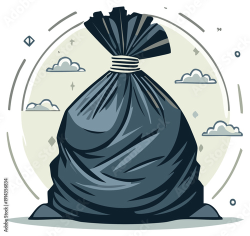 Dark garbage bag tied closed with a rustic rope illustration against a whimsical cloudy sky