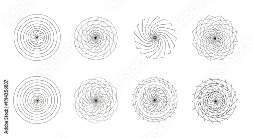 A collection of eight abstract circular patterns arranged in two rows against a white background.