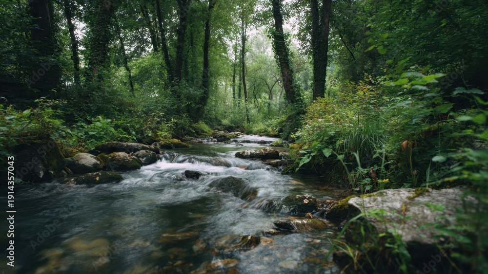 Obraz premium Stream flowing through lush green forest