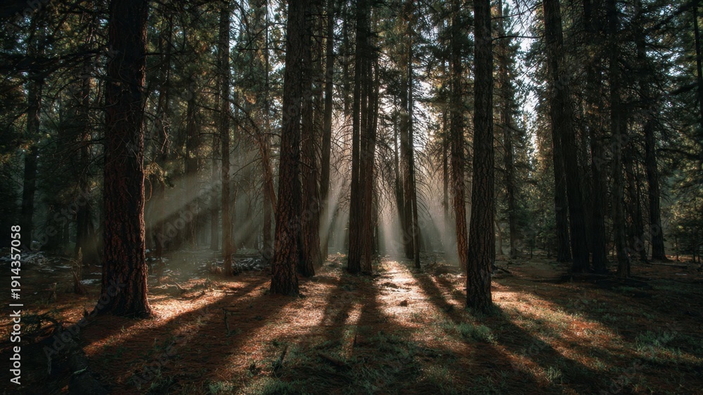 Obraz premium Sunbeams Streaming Through Forest Trees