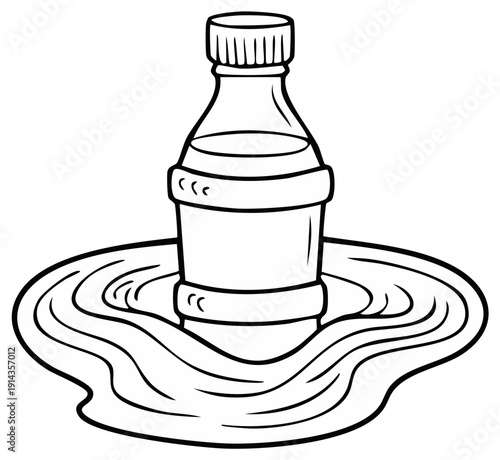 Cartoon bottle floating on a puddle of liquid, isolated black and white line art