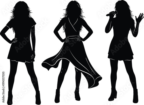 Black silhouette set of three female singers and fashion models posing with a microphone isolated on a white background.