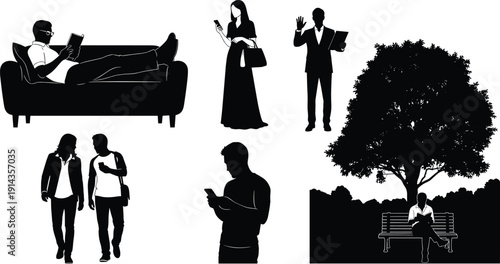 Black silhouette set of people reading on sofa walking using phones and sitting on park bench under a large tree.