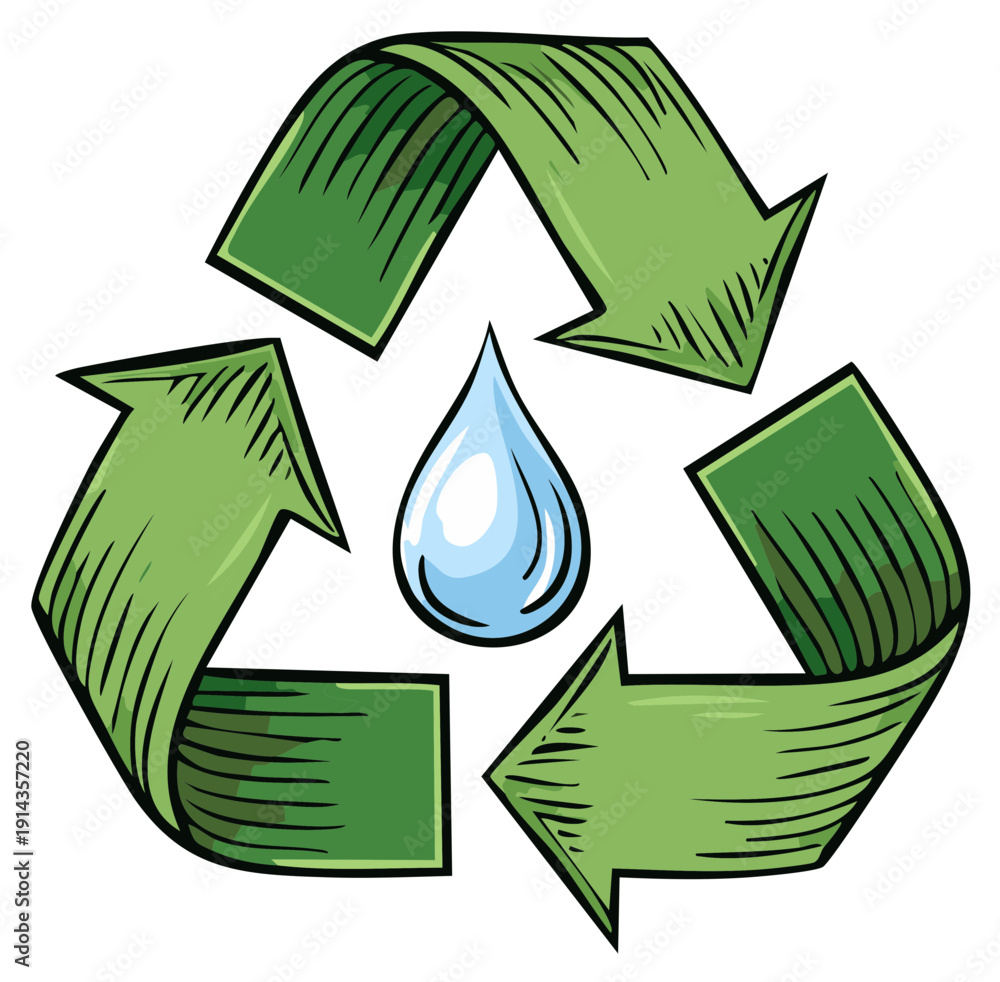 Obraz premium Recycle symbol with Water Drop, Green Arrows Sketch Style, Vector Illustration