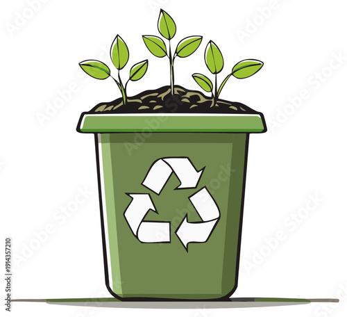Green recycling bin with growing plants symbolizing environmental growth and sustainability