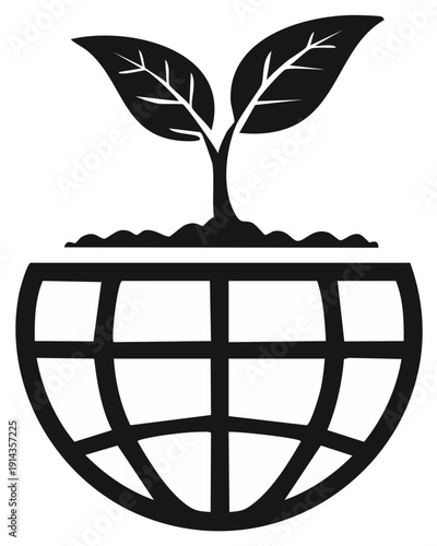 Young green plant sprout growing from fertile soil on a global earth icon for sustainable development