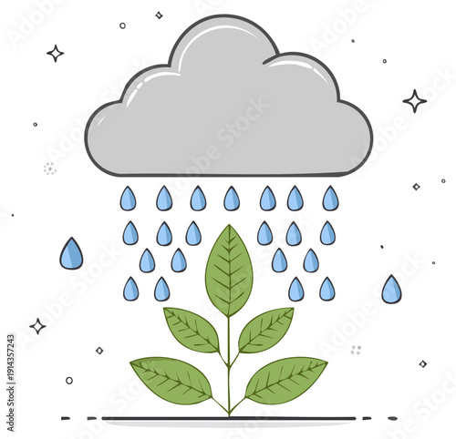 Cartoon illustration of cloud raining on a green plant, vector design