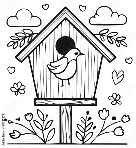 Charming birdhouse with a small bird perching inside surrounded by blooming flowers and gentle clouds