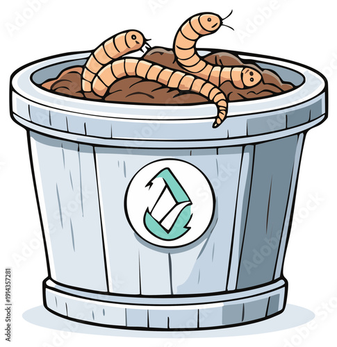 Cartoon composting bin with earthworms and recycling symbol on the side