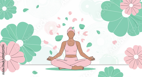 Woman Meditating in Lotus Pose, Surrounded by Abstract Flowers and Falling Petals