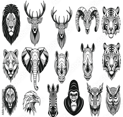 A collection of animal heads and a gorilla in various art styles.