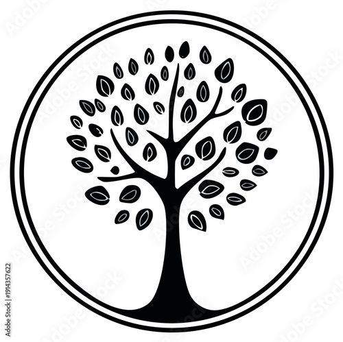 Artistic Abstract Tree Design with Stylized Leaves in a Circular Frame