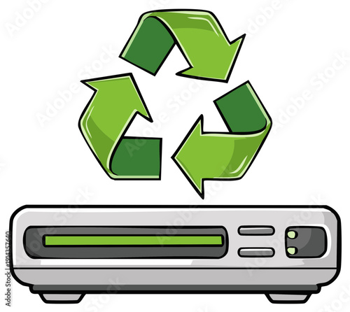 Recycle symbol above a DVD player. Illustration representing electronic waste disposal.