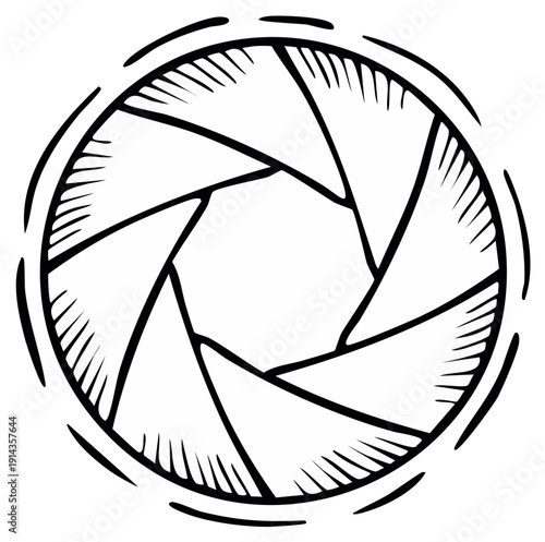 Stylized hand-drawn camera lens aperture with six blades, a classic photography symbol icon