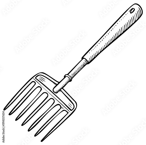 Hand drawn small garden rake illustration in a black and white vintage sketch style