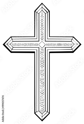 Ornate Christian Cross Symbol with Geometric Patterns and Diamond Center