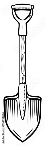 Illustrated shovel tool for gardening or construction in black and white