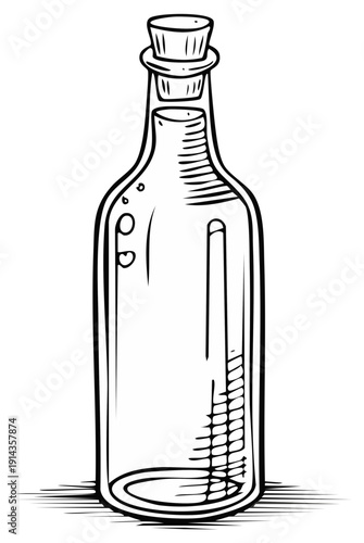 Hand drawn sketch of a vintage empty glass bottle with a cork stopper isolated illustration