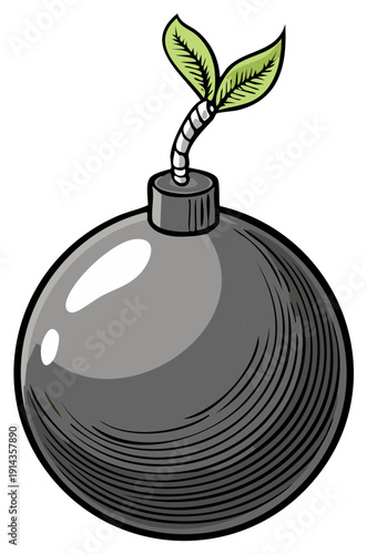 Conceptual art of a cartoon bomb with a green plant sprout fuse symbolizing hope and peace