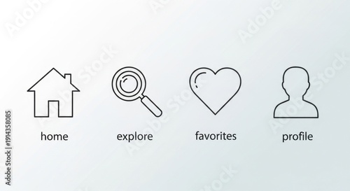 Website navigation icons: home, explore, favorites, profile.