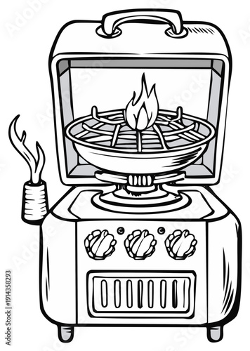 Illustration of an open barbecue grill with flame cartoon style for outdoors cooking and grilling summer food design